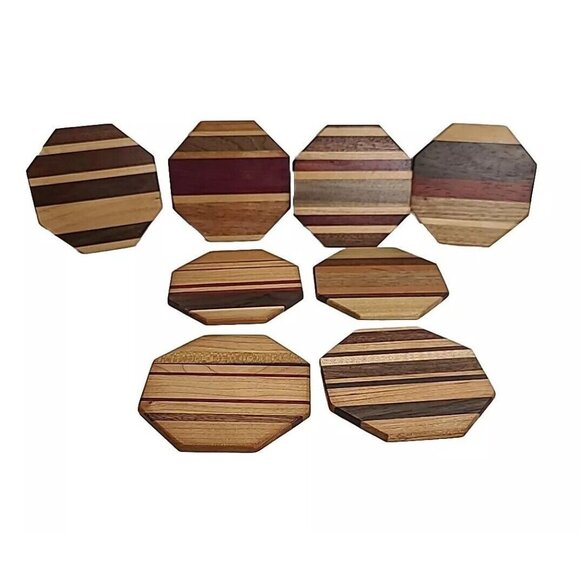 Set Of 8 Wooden Drink Coasters W/Holder Handmade USA Walnut Acacia Cherry Wood - Picture 2 of 16